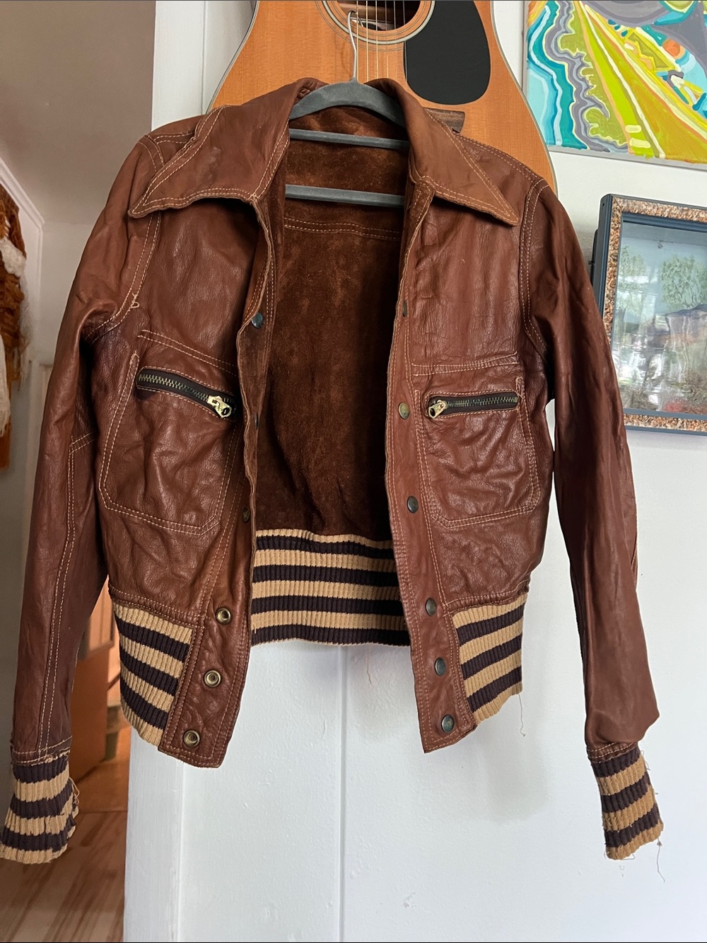 Brown Reversible Leather Suede Bomber Jacket Striped Knit Trim Woman Size Small - Picture 9 of 12